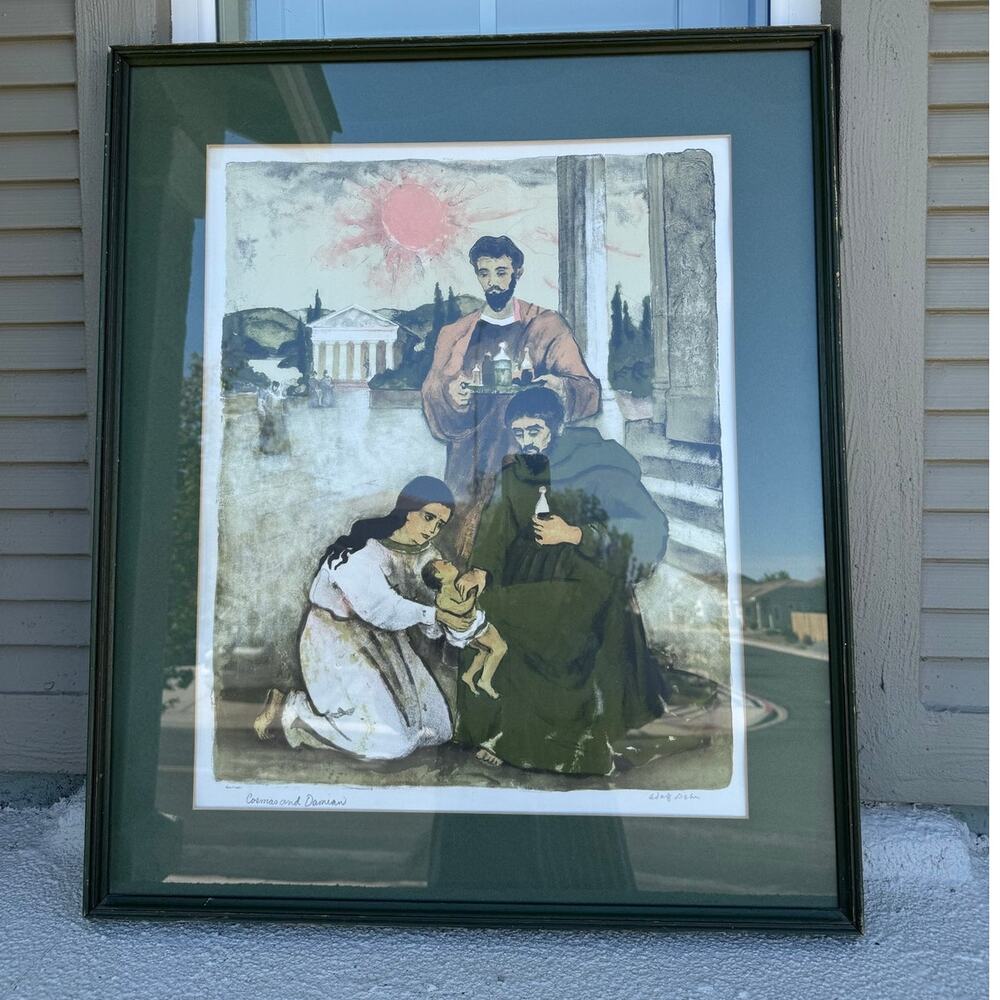 vintage lithograph "Cosmos and Damian" by Adolf Dehn 1967 religious decor